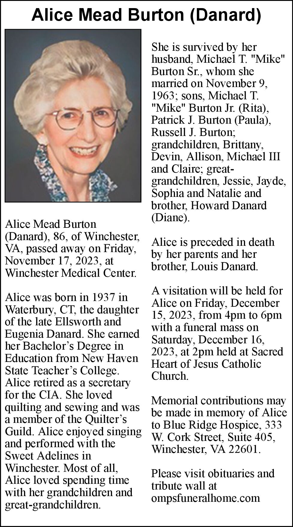 Alice Mead Burton Danard Obituaries winchesterstar