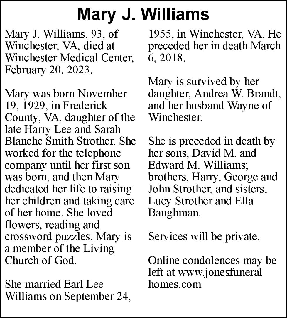 Mary J. Williams | Obituaries | Winchesterstar.com