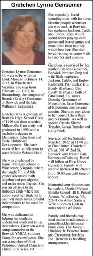 Gretchen Lynne Gensemer | Obituaries | winchesterstar.com
