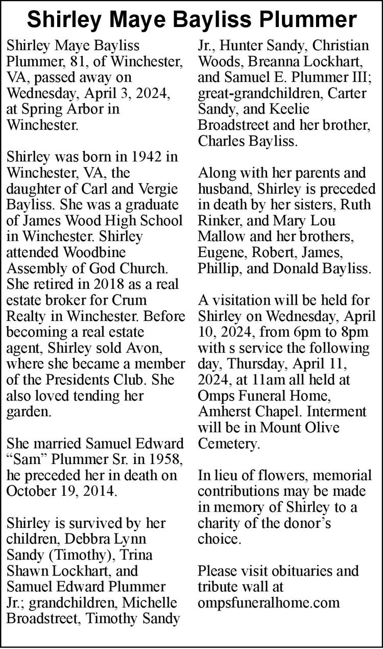 Shirley Maye Bayliss Plummer Obituaries