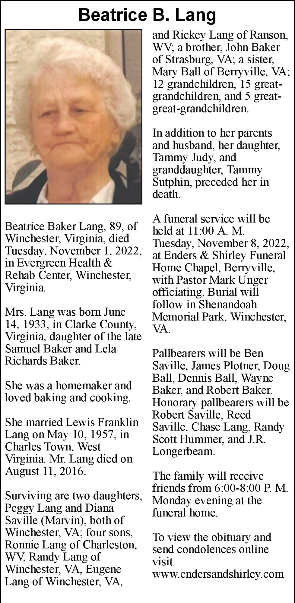 Beatrice B. Lang Obituaries winchesterstar