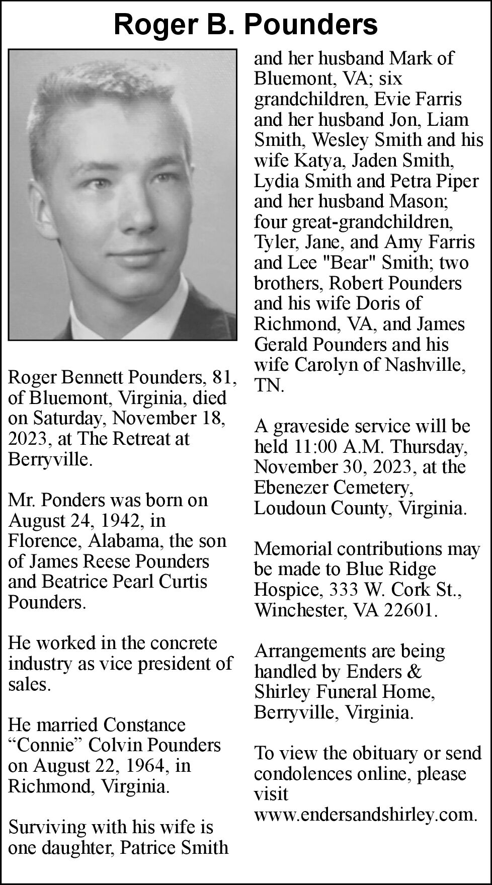 Roger B. Pounders Obituaries winchesterstar