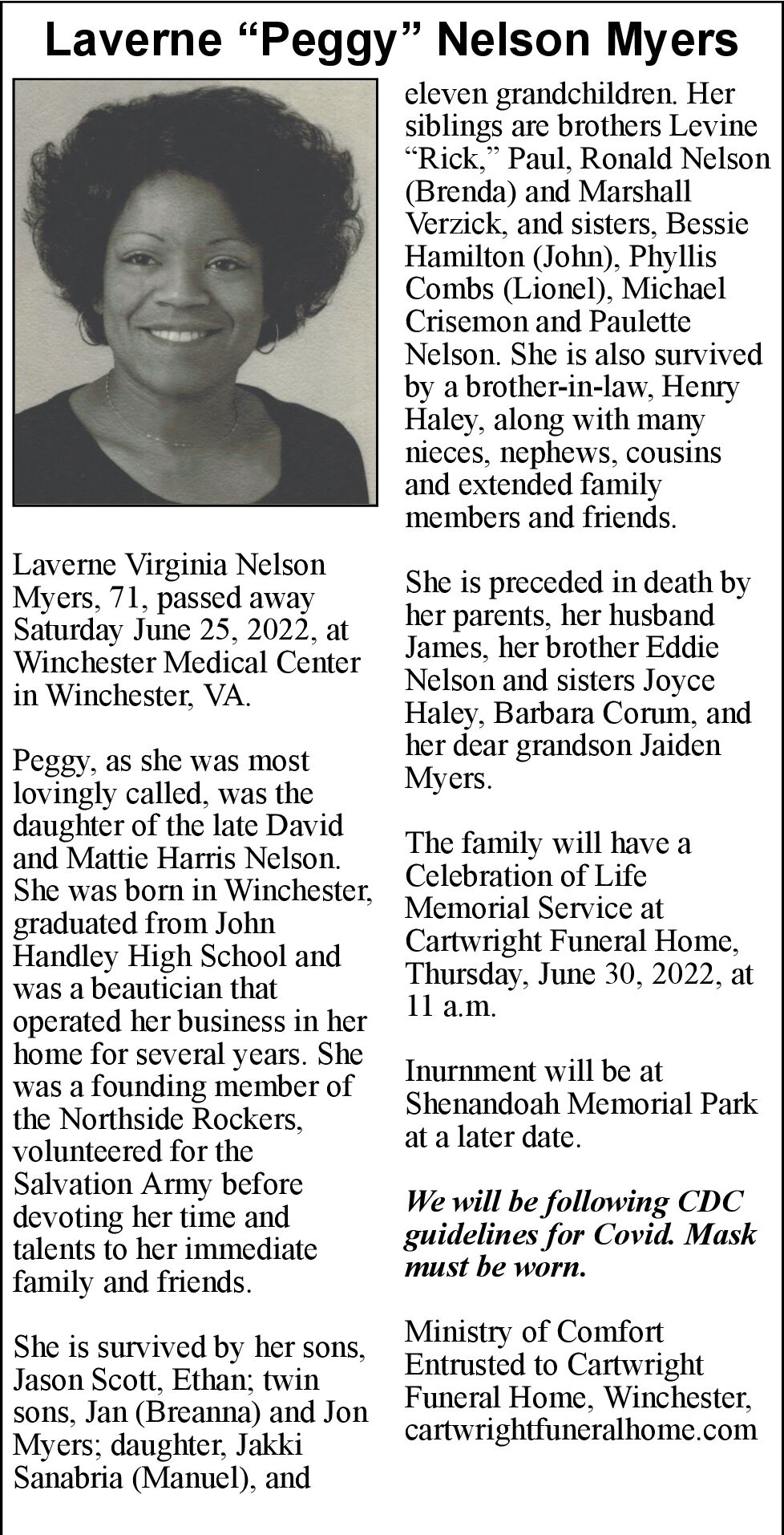 Laverne Peggy Nelson Myers Obituaries winchesterstar