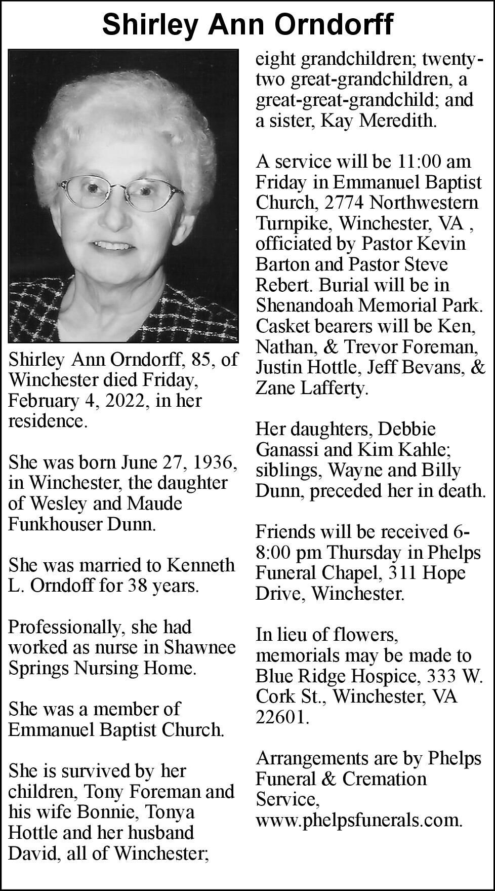 Shirley Ann Orndorff | Obituaries | Winchesterstar.com