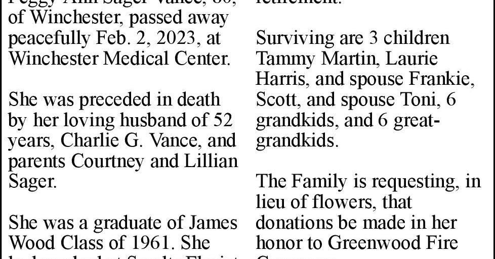 Peggy Ann Sager Vance | Obituaries | winchesterstar.com