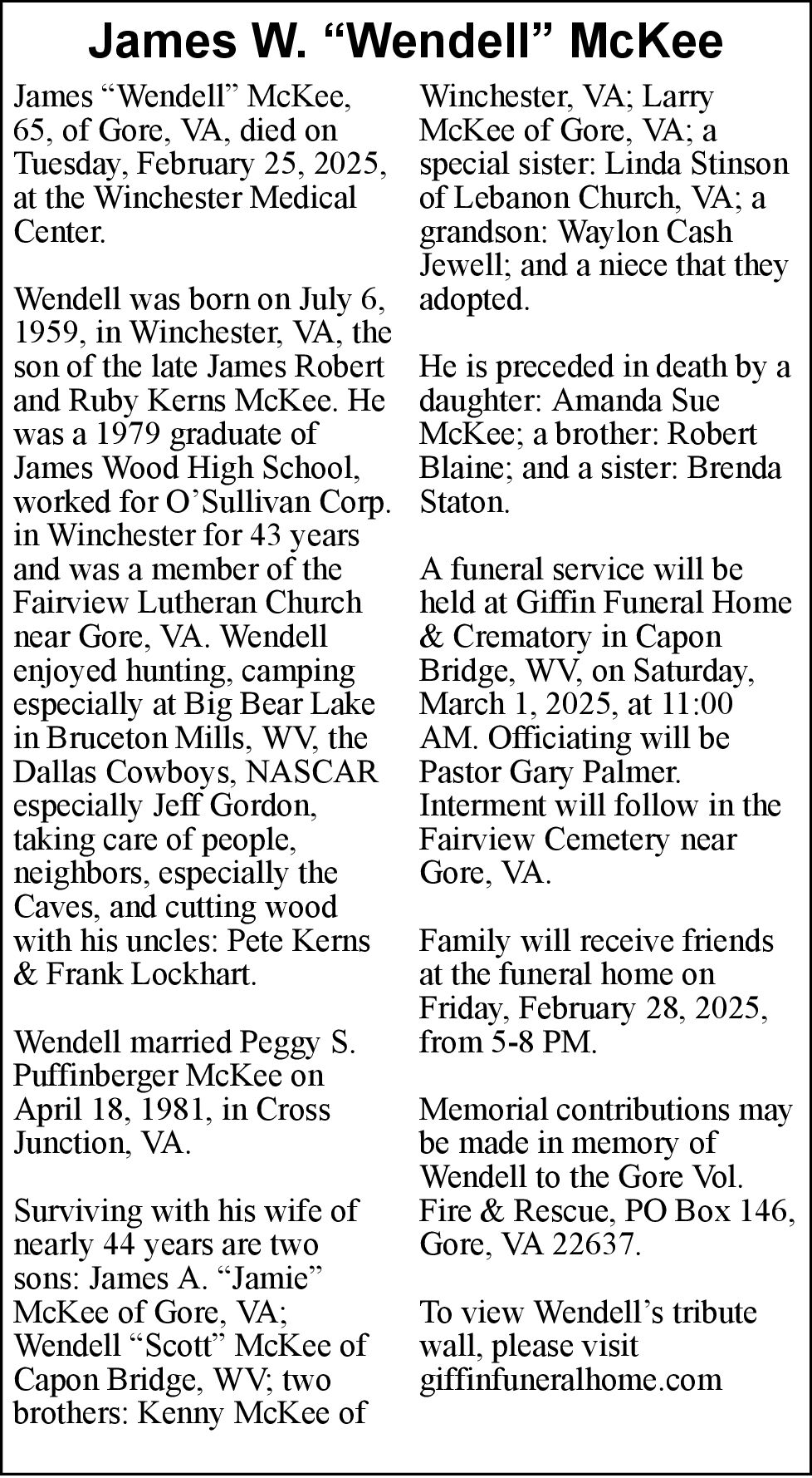 James W. “Wendell” McKee Obituaries