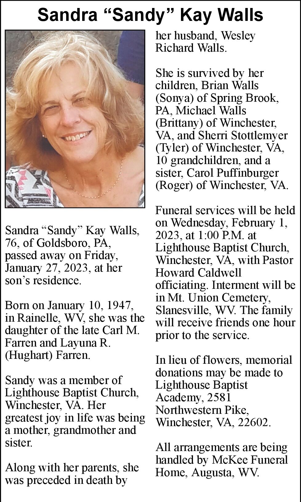 Sandra “Sandy” Kay Walls | Obituaries | Winchesterstar.com