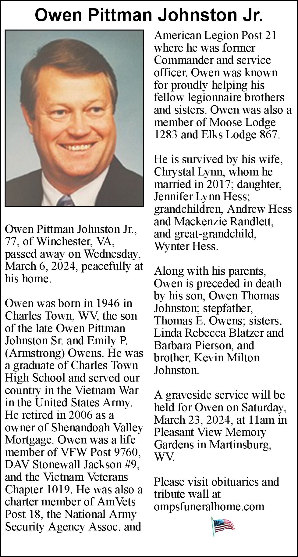 Owen Pittman Johnston Jr. Obituaries winchesterstar