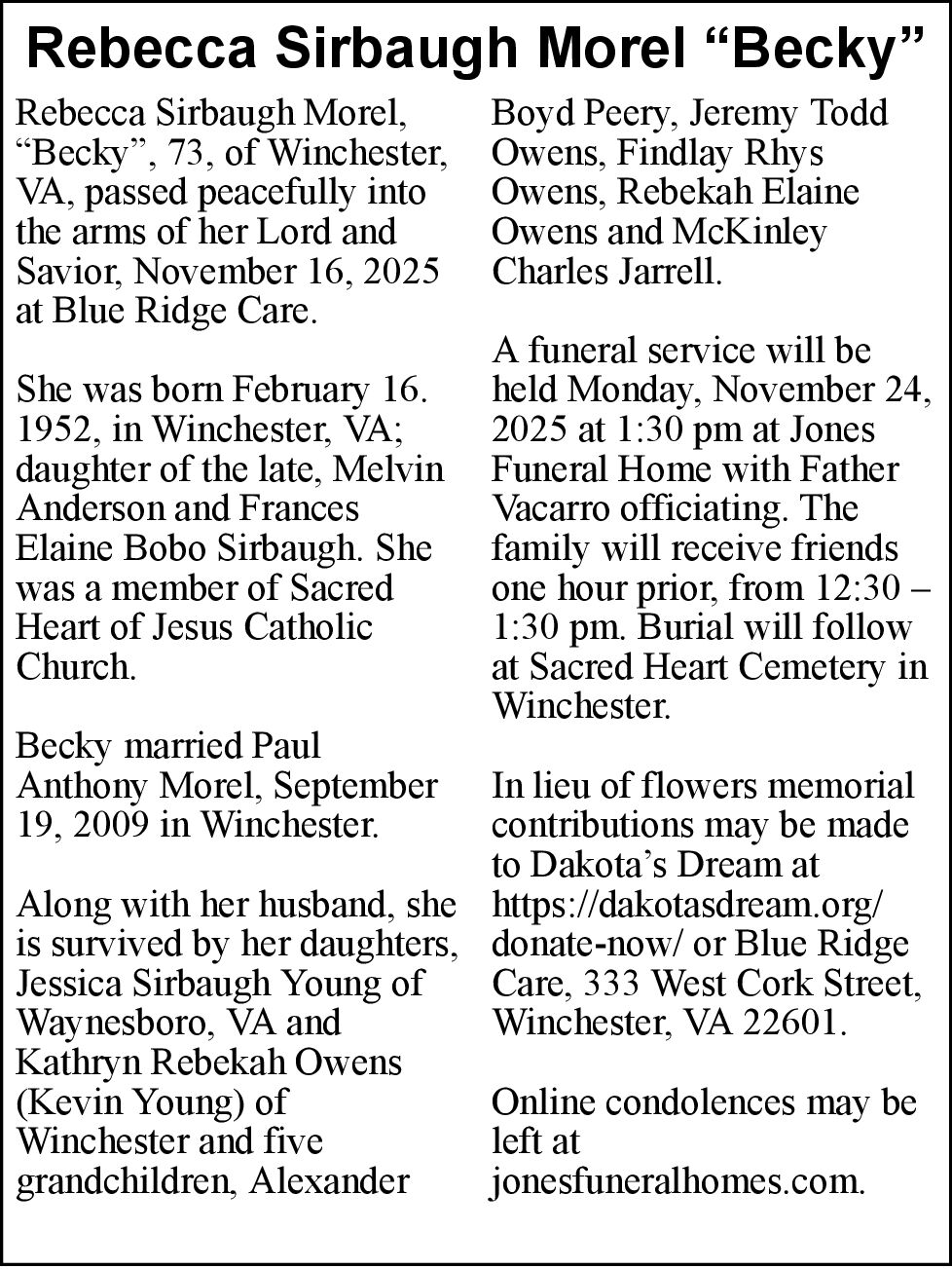 Rebecca Sirbaugh Morel “Becky” Obituaries