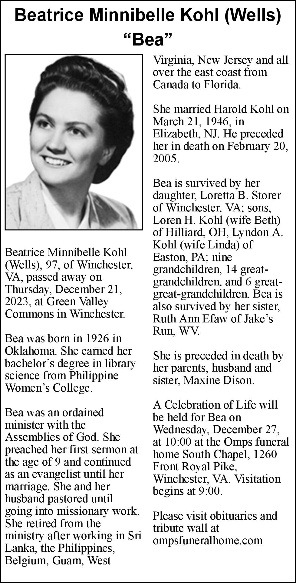 Beatrice Minnibelle Kohl Wells Bea Obituaries