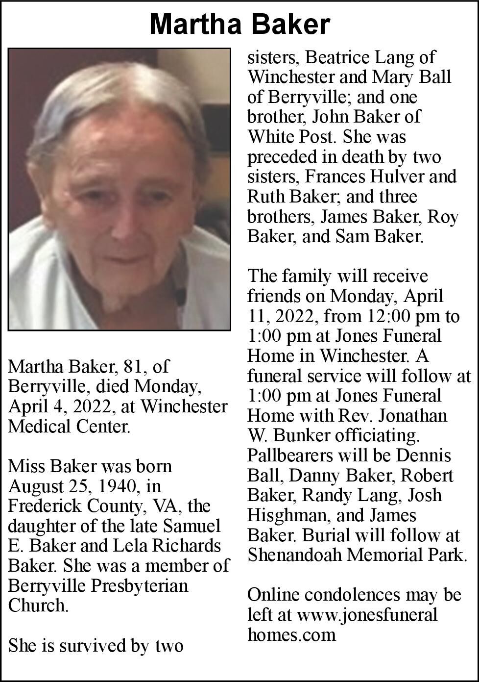 Martha Baker Obituaries winchesterstar