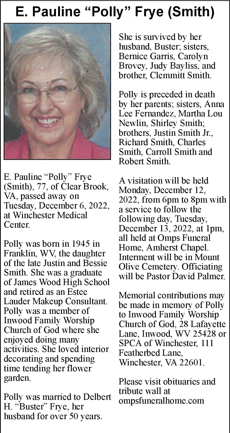 E. Pauline Polly Frye Smith Obituaries winchesterstar