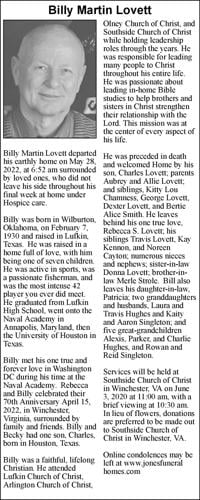 Billy Martin Lovett, Obituaries