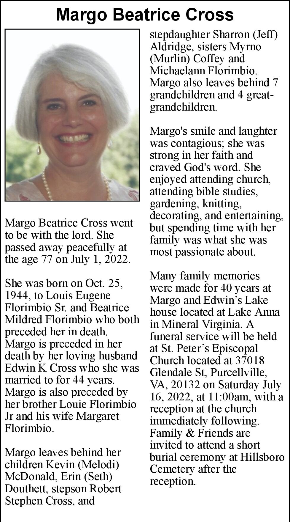 Margo Beatrice Cross Obituaries winchesterstar