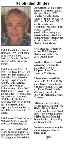 Ralph Iden Shirley | Obituaries | winchesterstar.com
