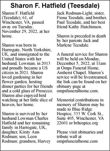 Sharon F. Hatfield (Teesdale) | Obituaries | winchesterstar.com
