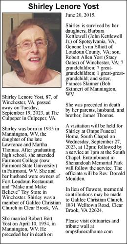 Shirley Lenore Yost Obituaries winchesterstar com