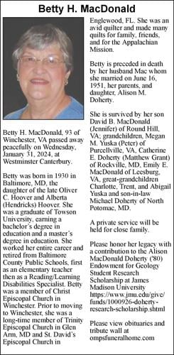 Betty H MacDonald Obituaries winchesterstar com