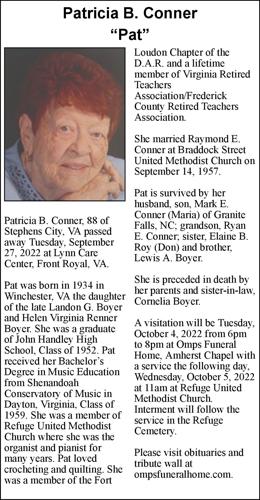 Patsy Connor Patricia B. Conner “Pat” | Obituaries | winchesterstar.com