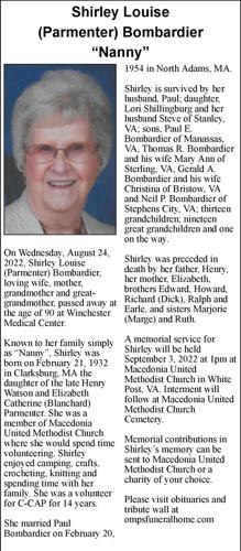 Shirley Louise (Parmenter) Bombardier Nanny Obituaries