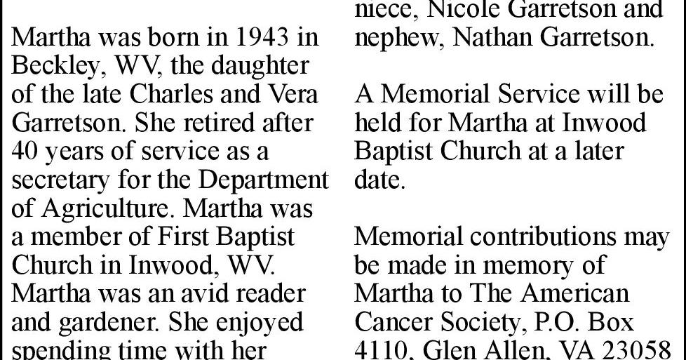 Martha Garretson Worley Obituaries
