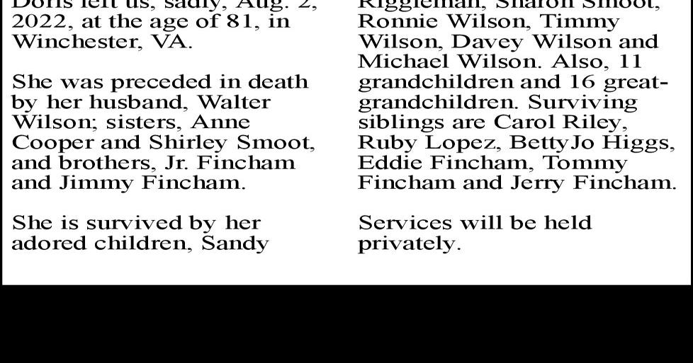 Doris Virginia Wilson May 20, 1941 Aug. 2, 2022 Obituaries