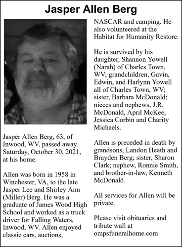 kabletown wv kenneth klow Jasper Allen Berg | Obituaries