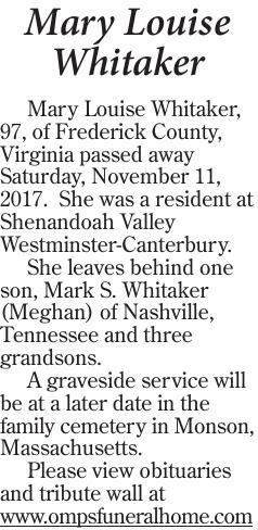 Mary Louise Whitaker Obituary - Visitation & Funeral Information