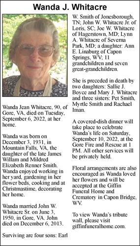 Wanda J Whitacre Obituaries winchesterstar com