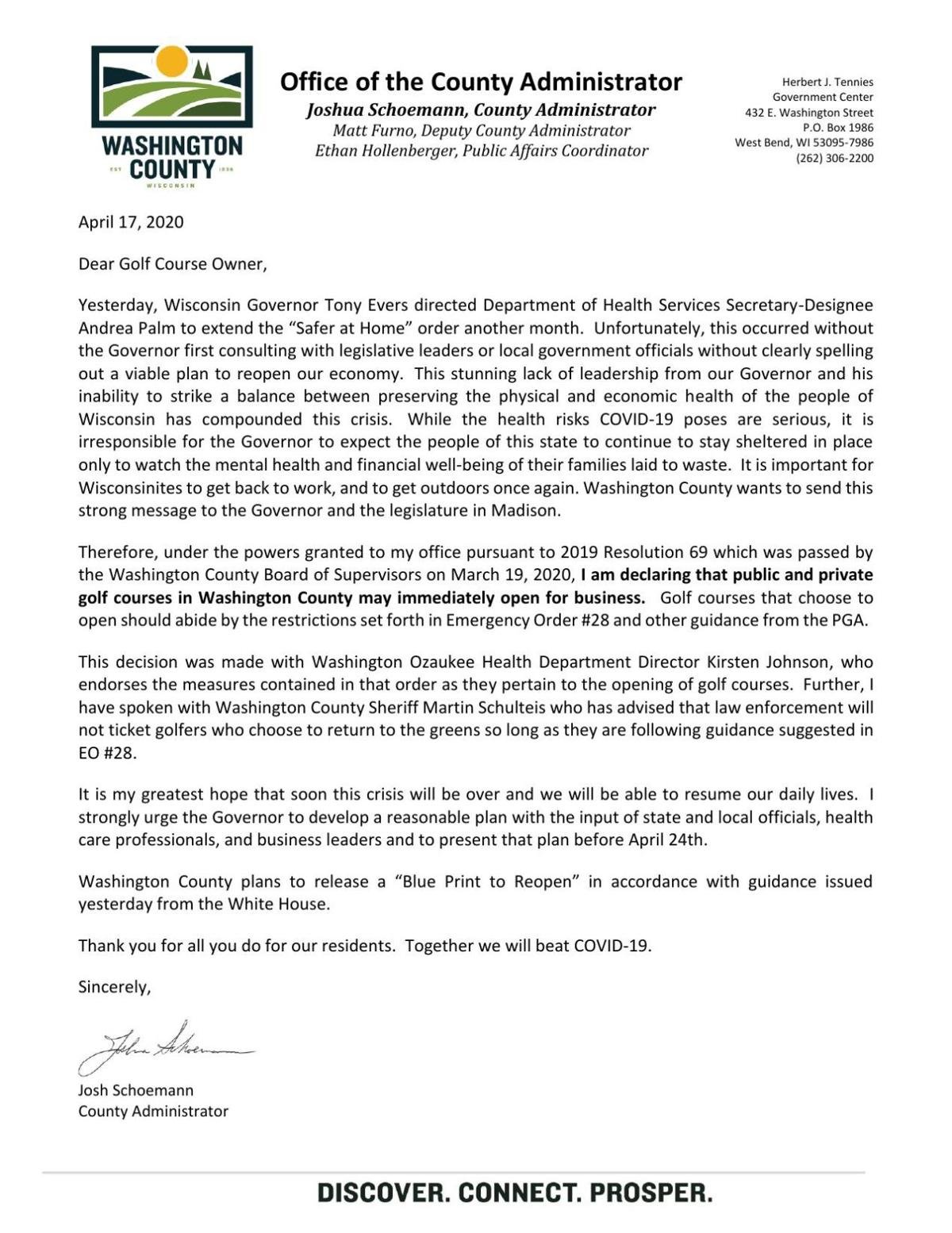 Washington County Administrator Fires Shot At Gov Evers Allows Golf Courses In His County To Open Immediately Courses Wisconsin Golf