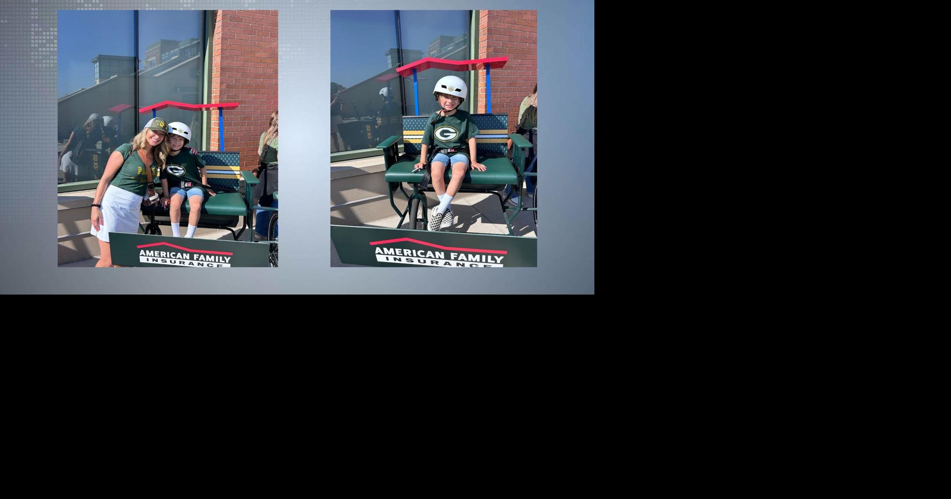 Amber Noggle's son rides along with the Green Bay Packers during the DreamDrive