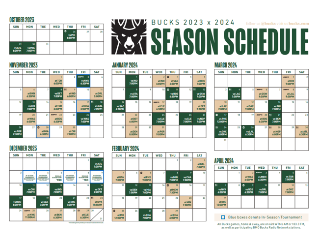 Bucks announce 202324 regular season schedule Sports