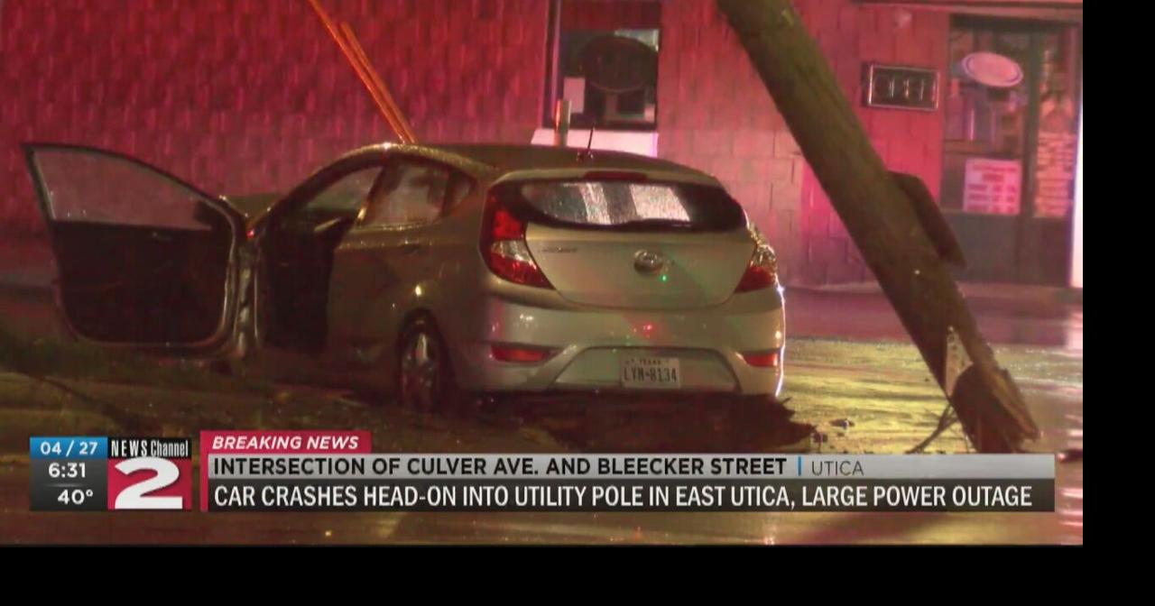 Car strikes utility pole head-on in East Utica causing widespread power ...