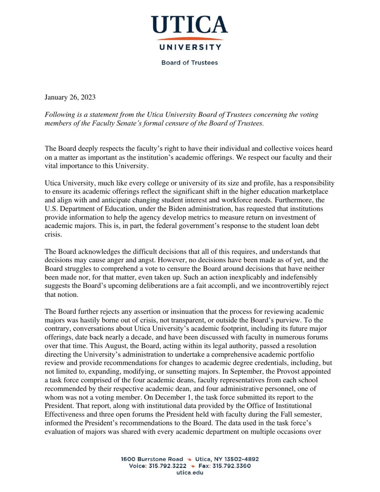 Utica University response to censure