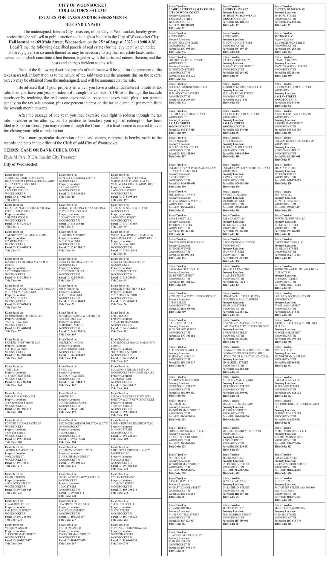 CITY OF WOONSOCKET COLLECTOR’S SALE OF ESTATES FOR TAXES AND/OR