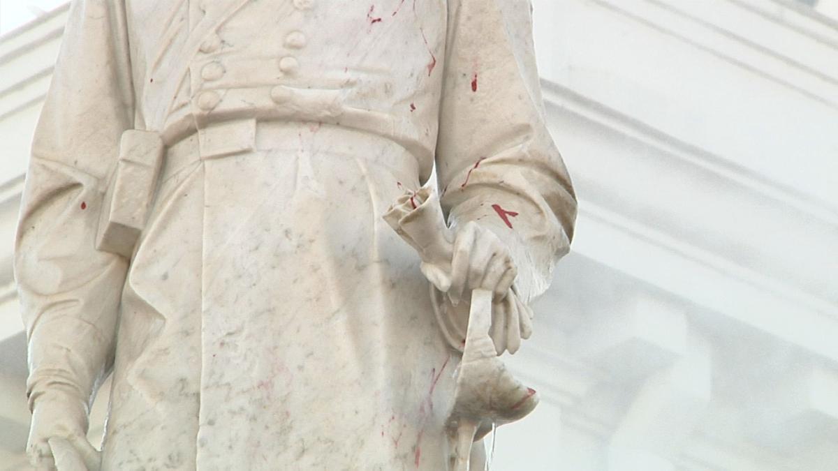The confederate statue is drawing attention as it was vandalized overnight