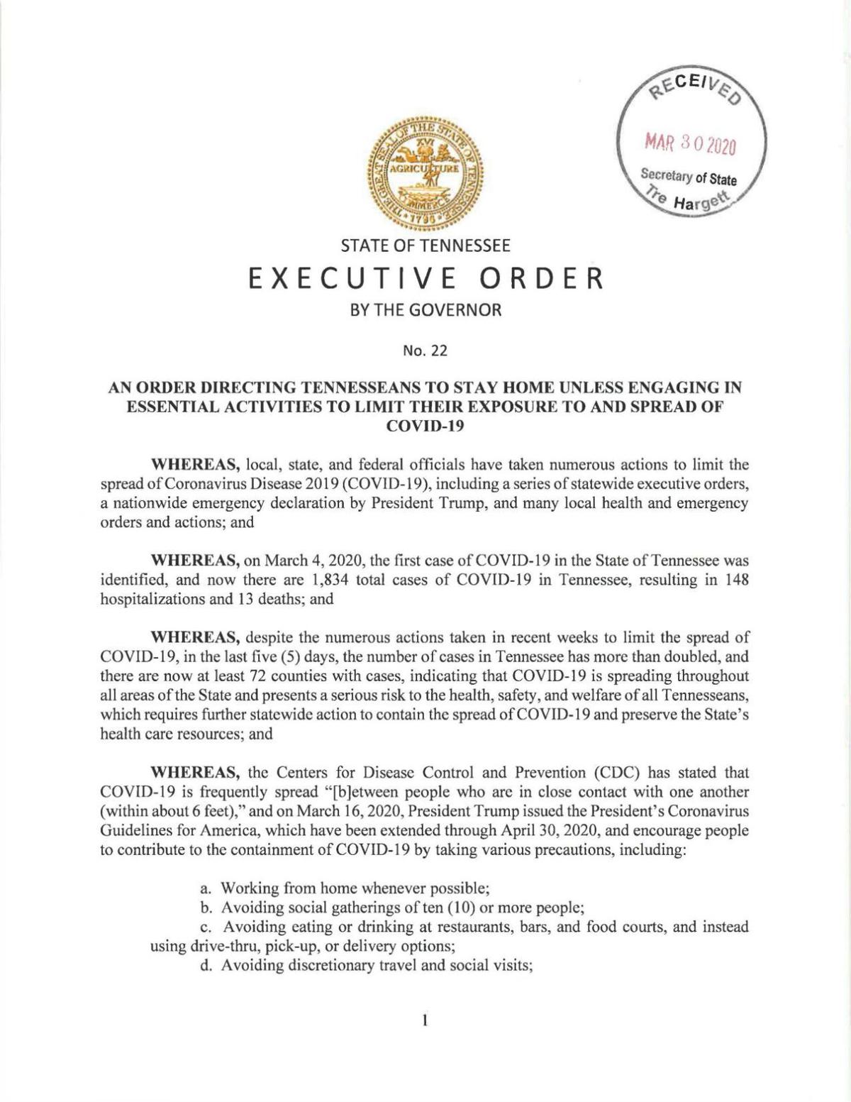 Tennessee governor issues 'safer at home' executive order News WPSD