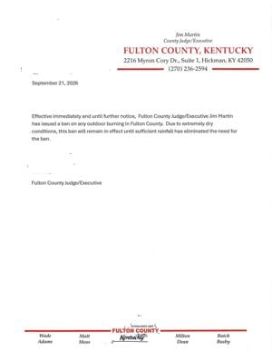 Judge Executive Orders Burn Ban in Fulton County, Kentucky