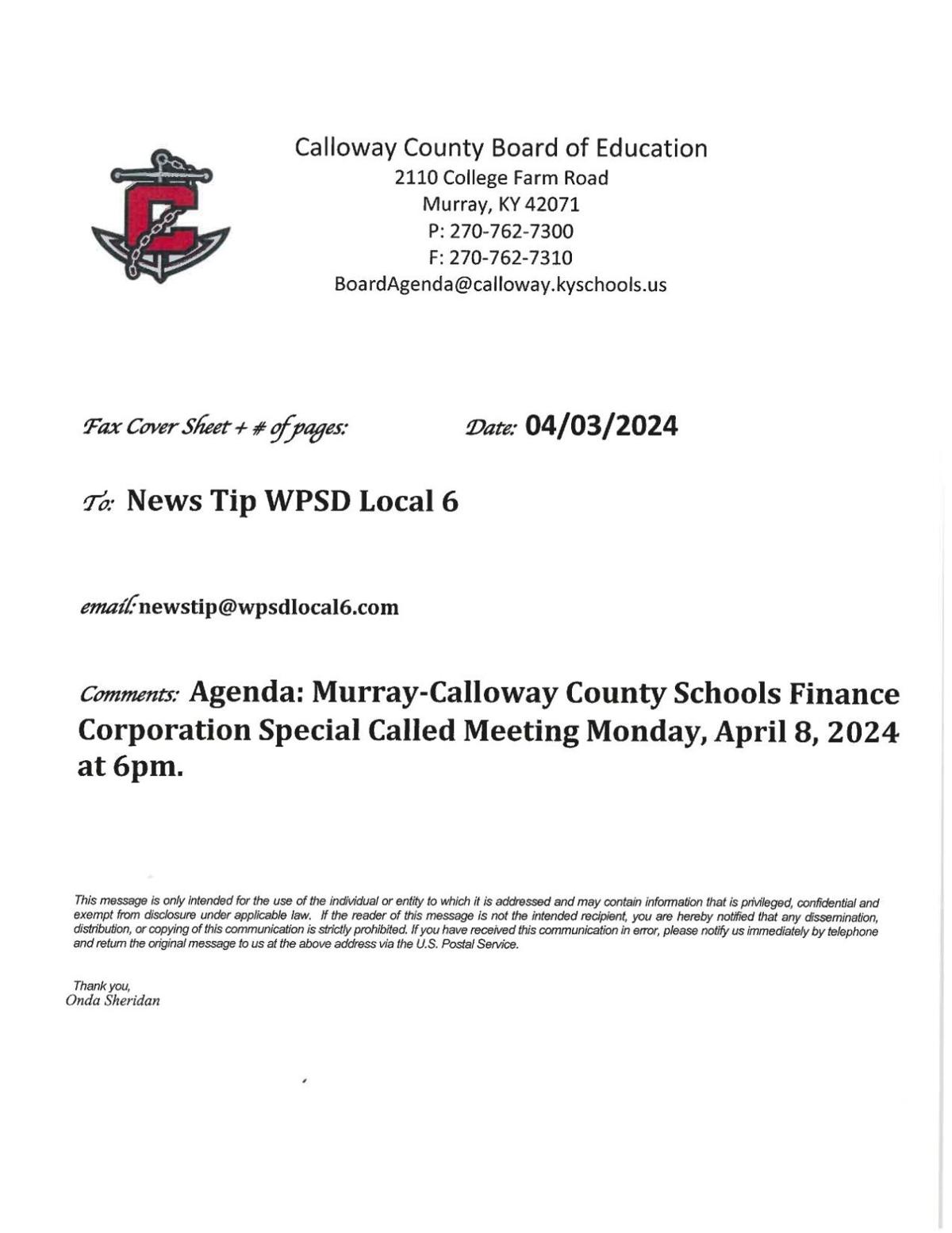 Murray Calloway County Schools Finance Corporation to hold Monday