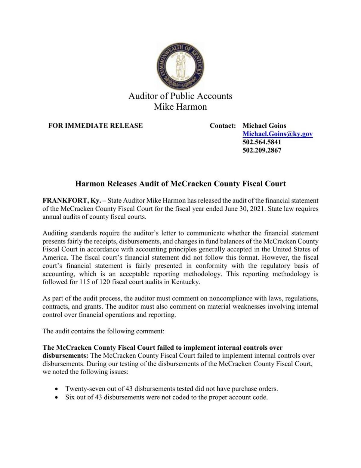 Kentucky State Auditor releases audit for McCracken County Fiscal Court
