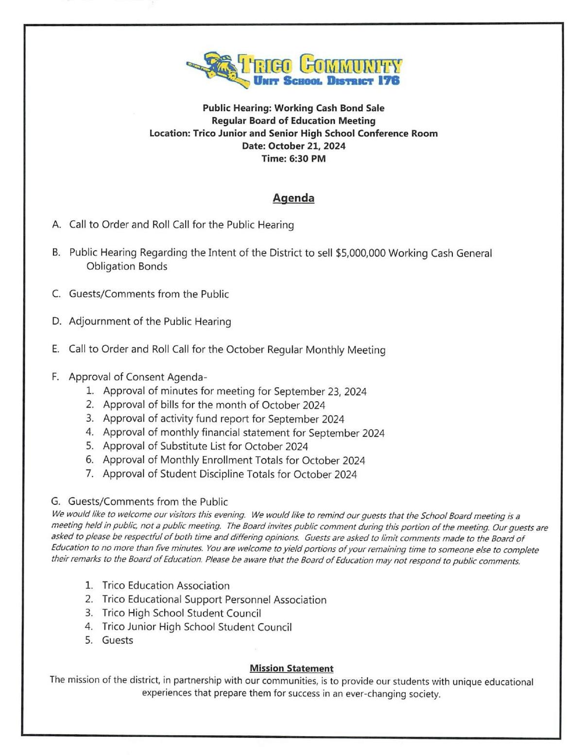 Tirco Community Unit School District 176 Board of Education to hold