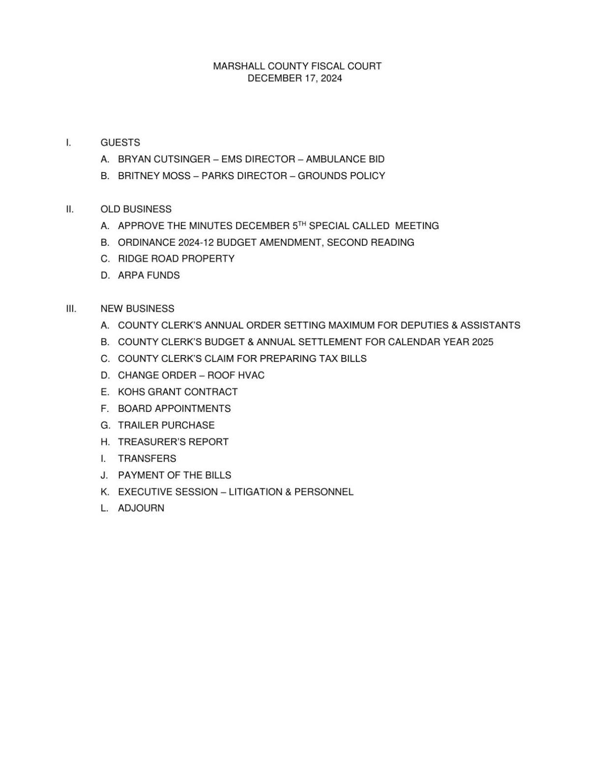 Marshall County Fiscal Court to hold Tuesday meeting Meeting Agendas