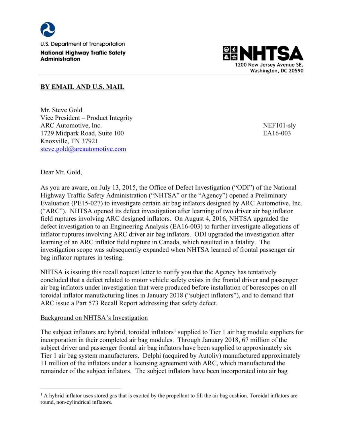 NHTSA Letter