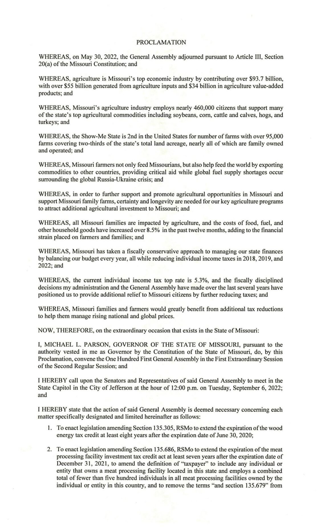 Parson proclamation for special session on 9/6/22