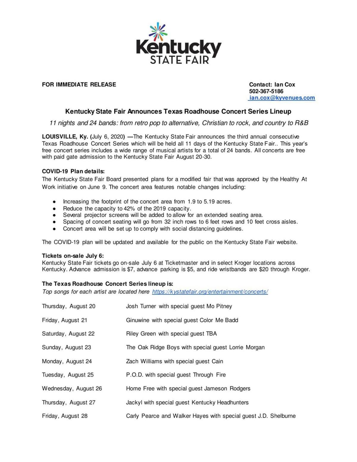 Kentucky State Fair announces Texas Roadhouse Concert series lineup