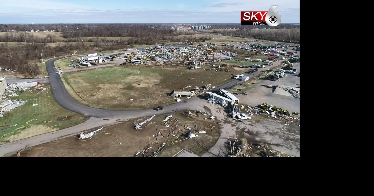 Sky 6 videos shows storm damage at Mayfield Consumer Products, court