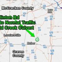 Clinton Road reopened at Mayfield Creek Culvert in southern McCracken Clinton Road reopened at Mayfield Creek Culvert in southern McCracken