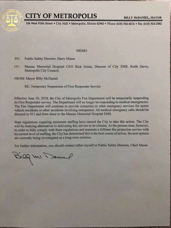 Vehicle Service Department Letter >> First Responder Services Suspended For Metropolis Fire Vehicle Service Department Letter >> First Responder Services Suspended For Metropolis Fire