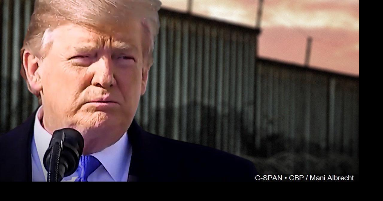 Trump uses a stretch of border wall and a pile of steel beams in