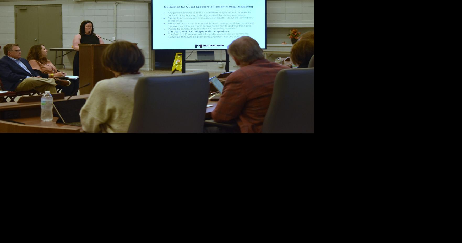 Kylie Wyman, addresses the McCracken County Schools board of education on Oct. 22. Wyman is one of two parents who made public comments involving the district and transportation department's transparency and communication following and incident where a bus was shot with a BB gun Monday.